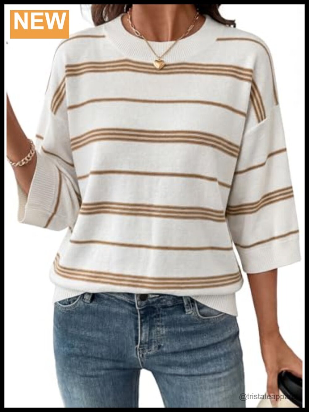 Womens Oversized 3/4 Sleeve Striped Knit Sweater Pullover Lightweight